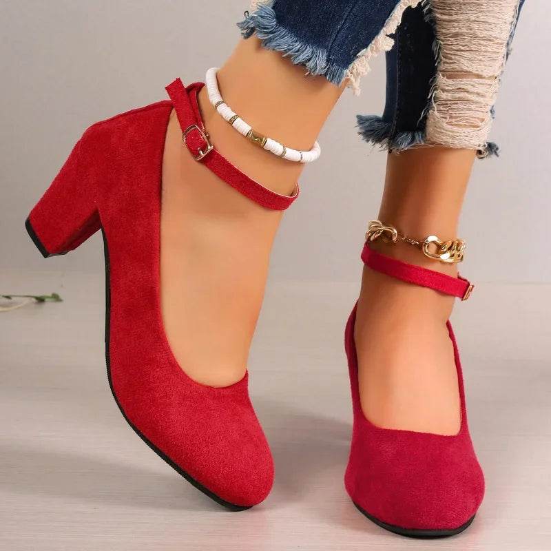 Buy Center Women's Black Suede Pumps - Buckle, Thick Heels, Casual Style - Buy Center UK