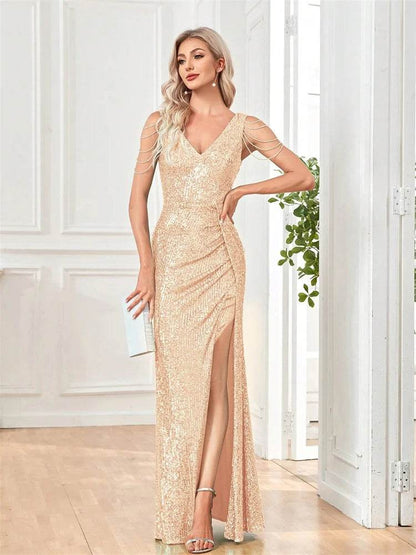 Elegant V-Neck Sequins Evening Dresses - Luxury Formal Gown - Buy Center UK
