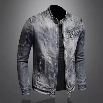 Trendy Stand Collar Zip-Up Denim Jacket for Men - Vintage Style - Buy Center UK