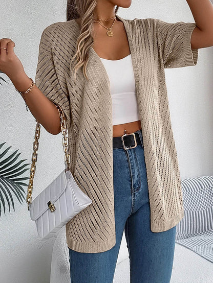 Buy Center Women's Casual Short Sleeve Knitted Cardigan - Lightweight Hollow Out - Buy Center UK