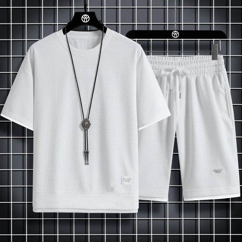 Buy Center Men’s Waffle Textured Summer Suit - Short Sleeve Two-Piece - Buy Center UK