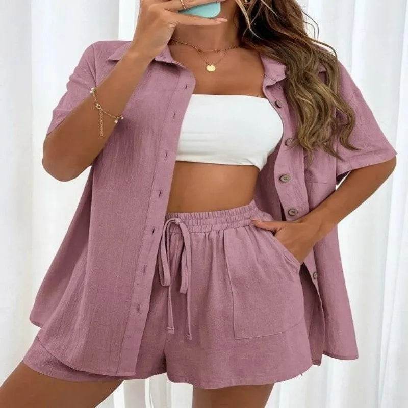 Summer Fashion Shorts Two-Piece Set - Casual Tied Shirt & Loose Fit - Buy Center UK