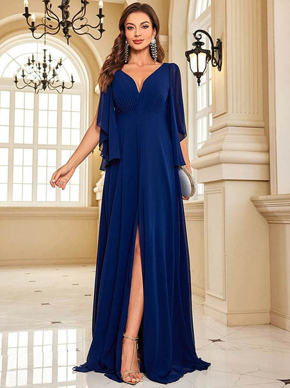 Luxury Navy Chiffon Evening Dress - High Split V-Back Gown - Buy Center UK