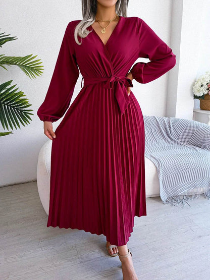 Buy Center Women’s Elegant V Neck Maxi Dress - Long Sleeve & Pleated - Buy Center UK