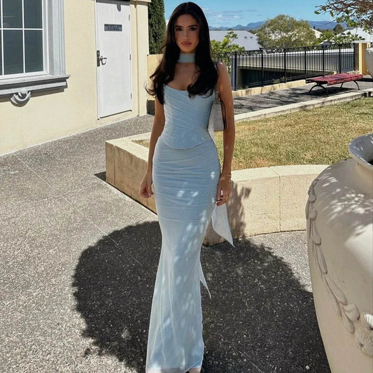 Mingmingxi Elegant Maxi Dress Set - Strapless Bodycon Blue for Events - Buy Center UK