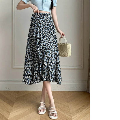 REALEFT Vintage Floral A-line Skirt - High Waist Midi Length - Buy Center UK