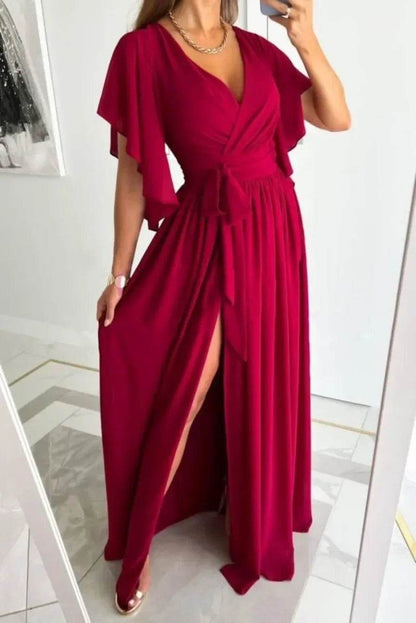 Buy Center Women's Flare Sleeve V-Neck Dress - Casual Floor Slit Style - Buy Center UK