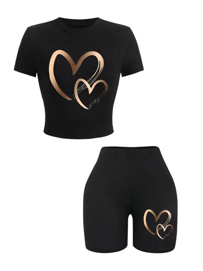 Buy Center Summer Women’s Slim-fit T-Shirt & Shorts Set - Hearts Pattern - Buy Center UK