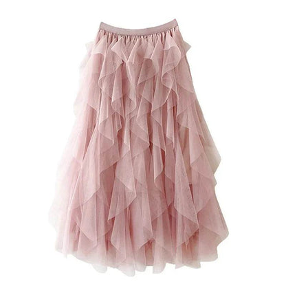 Buy Center High-Waisted A-Line Mesh Skirt - Ruffle Edge Puff Design - Buy Center UK