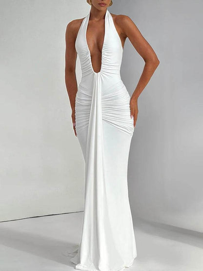 Mozision Sexy Deep V Neck Backless Maxi Dress - Halter Gown for Women - Buy Center UK