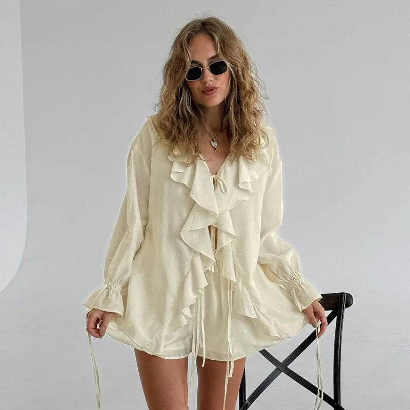 Tuularose Women's Casual Shorts Set - Ruffled Tie Top & Comfort Fit - Buy Center UK