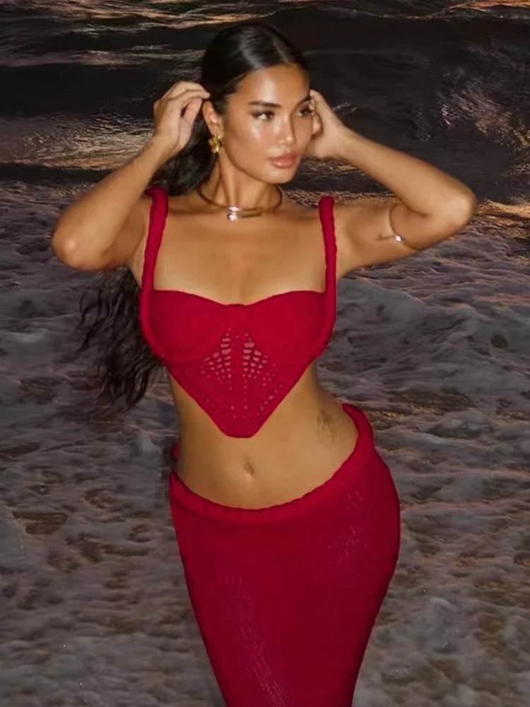 Weird Puss Crochet Shirring 2 Piece Set - Backless Top & Long Skirt - Buy Center UK