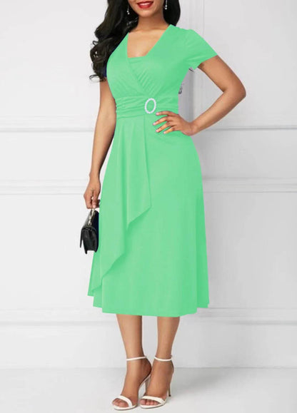 Elegant Summer Midi Dress - Women’s V Neck Asymmetric Hem Style - Buy Center UK