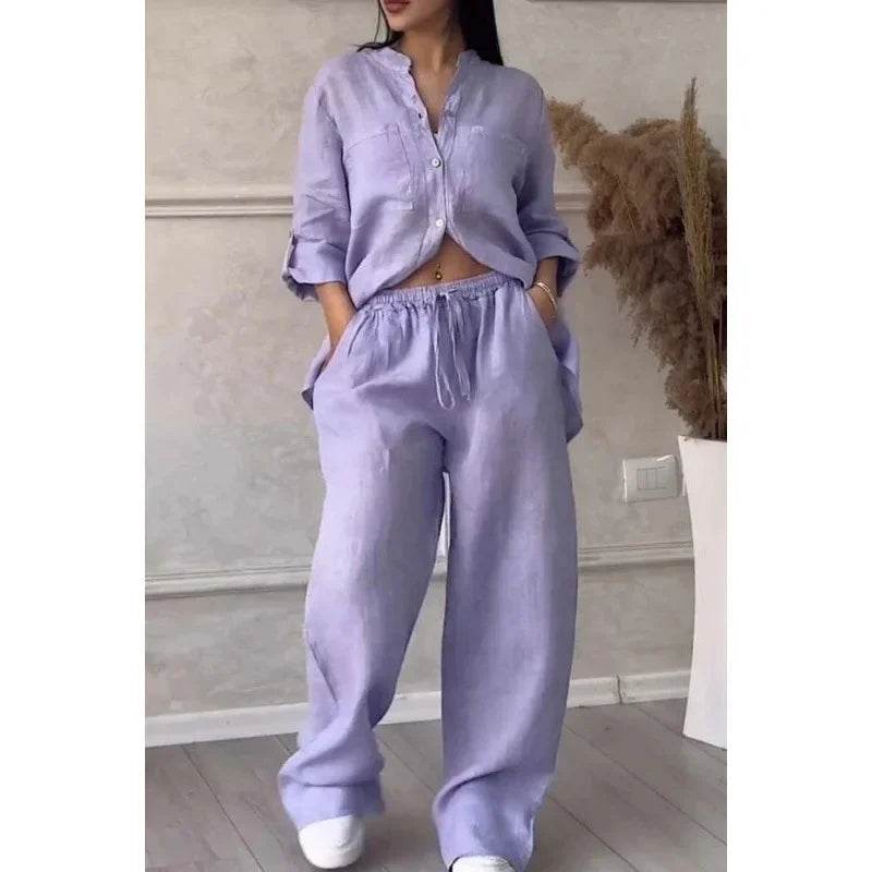 Buy Center Women's Linen Drawstring Shirt & Wide Leg Pants Set - Buy Center UK