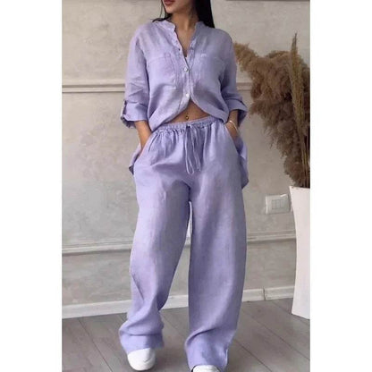 Buy Center Women's Linen Drawstring Shirt & Wide Leg Pants Set - Buy Center UK
