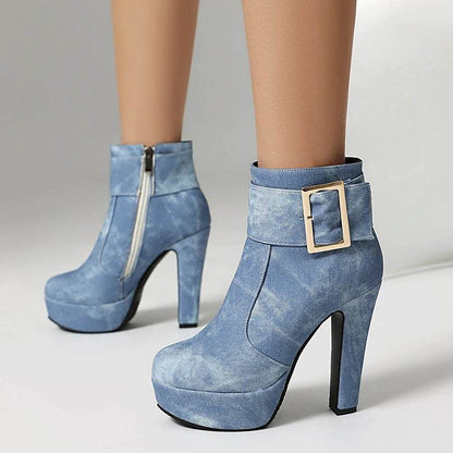 ENMAYER Women's Denim Platform Ankle Boots - Ultra-High Thick Heels - Buy Center UK