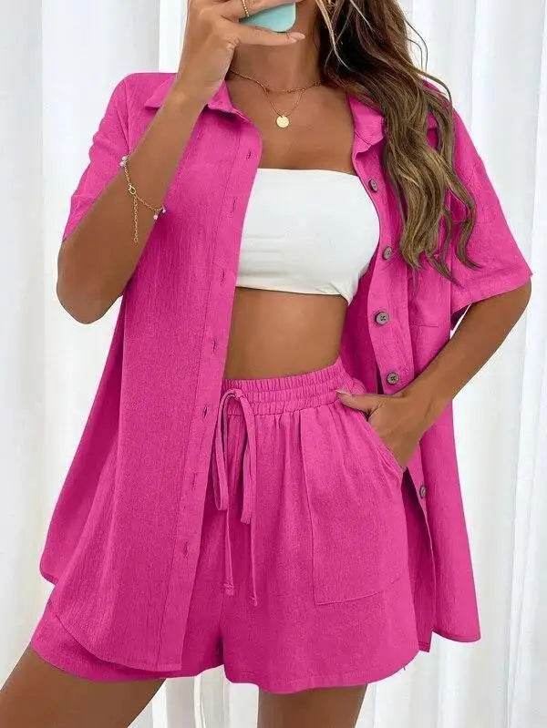 Summer Fashion Shorts Two-Piece Set - Casual Tied Shirt & Loose Fit - Buy Center UK