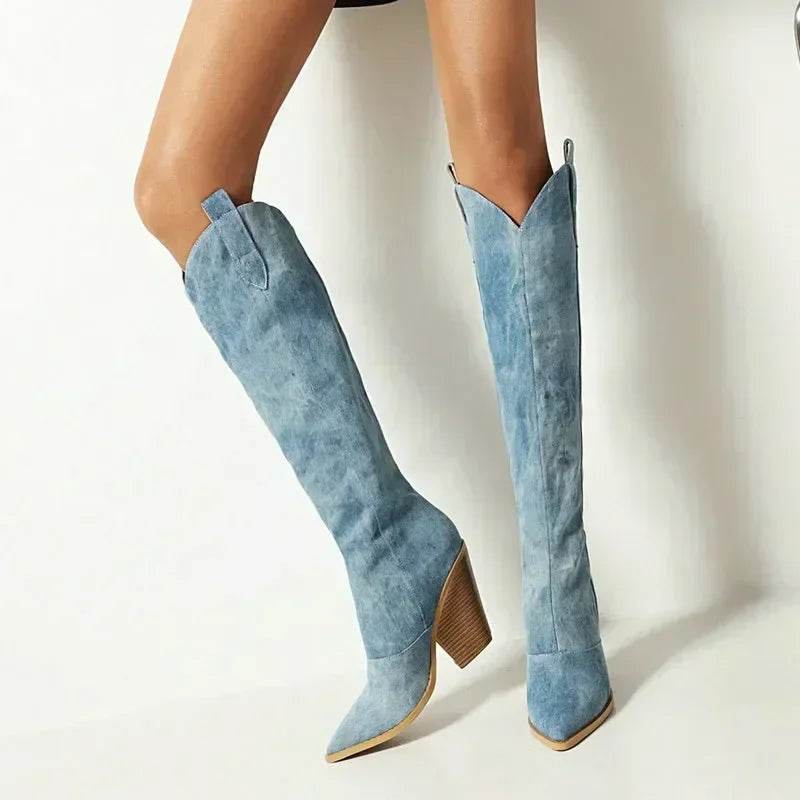 Buy Center Denim Western Knee High Boots - Stylish High Heel Design - Buy Center UK