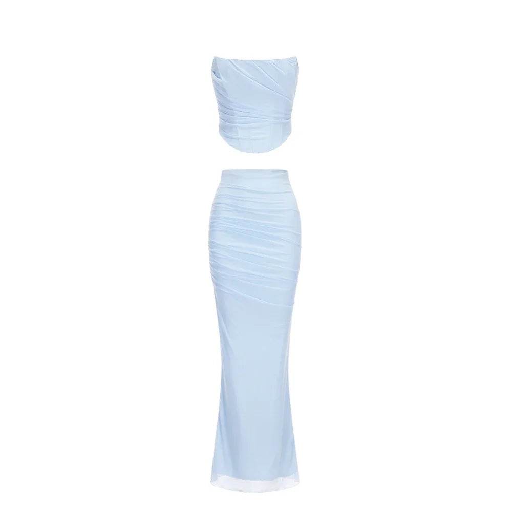 Mingmingxi Elegant Maxi Dress Set - Strapless Bodycon Blue for Events - Buy Center UK
