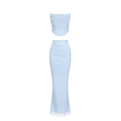 Mingmingxi Elegant Maxi Dress Set - Strapless Bodycon Blue for Events - Buy Center UK