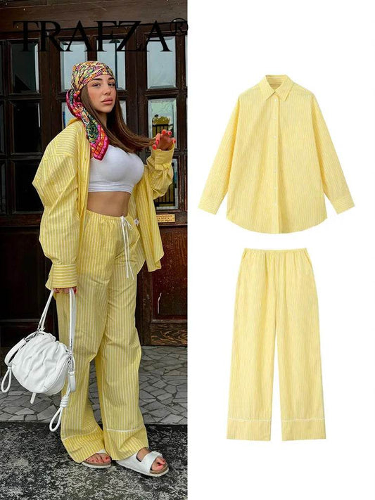 TRAFZA 2024 Women’s Yellow Striped Pants Set - High Waist Style - Buy Center UK