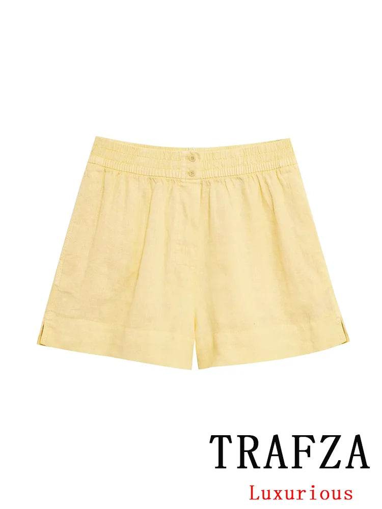 TRAFZA Casual Chic Women Yellow Suit - V-Neck Blouse & Shorts - Buy Center UK