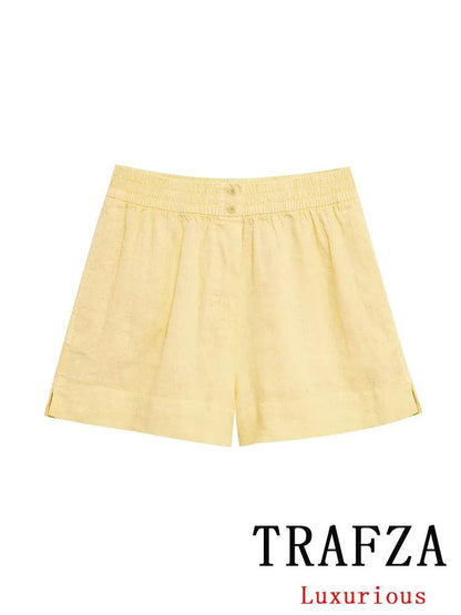 TRAFZA Casual Chic Women Yellow Suit - V-Neck Blouse & Shorts - Buy Center UK