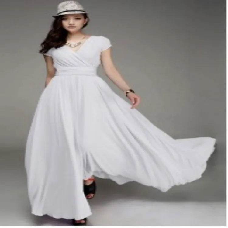 Elegant Women's Short-Sleeved Chiffon Dress - Floor-Length Bohemian Style - Buy Center UK