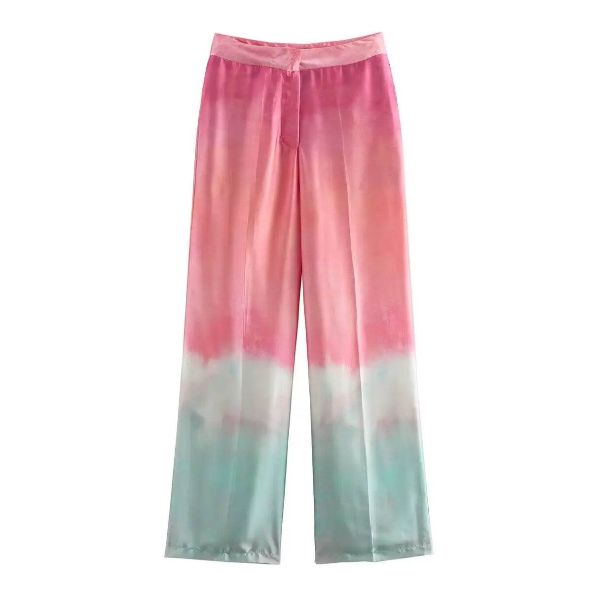 Buy Center Tie-Dye Print Shirt Pants Set - Chic V-Neck Satin Look - Buy Center UK