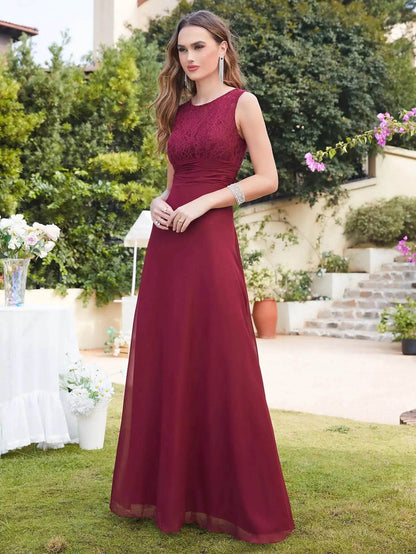 STEPHANIE Navy Blue A-Line Chiffon Dress - Lace Top Sleeveless Gown - Buy Center UK
