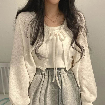 Buy Center Women’s Knitted Cardigan - Chic Lace-Up Black & White - Buy Center UK