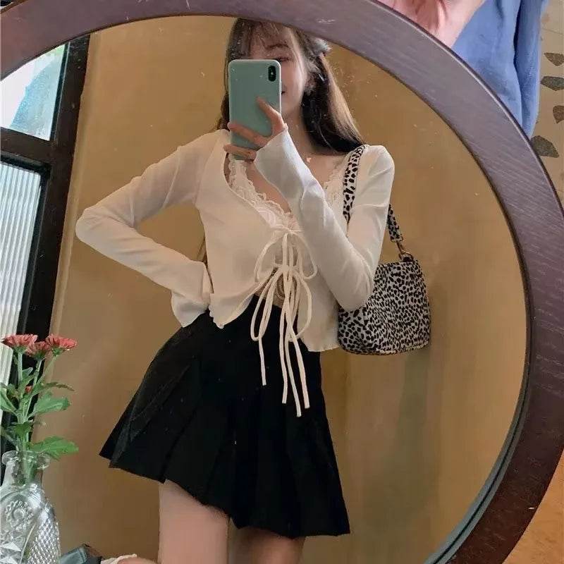 Buy Center White Knitted Cardigan - Flare Sleeves & Lace-Up Style - Buy Center UK