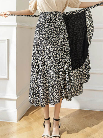 REALEFT Vintage Floral A-line Skirt - High Waist Midi Length - Buy Center UK
