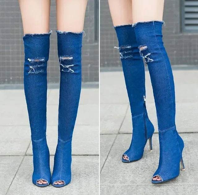 Buy Center Thigh High Peep Toe Boots - Stylish Blue Denim Design - Buy Center UK