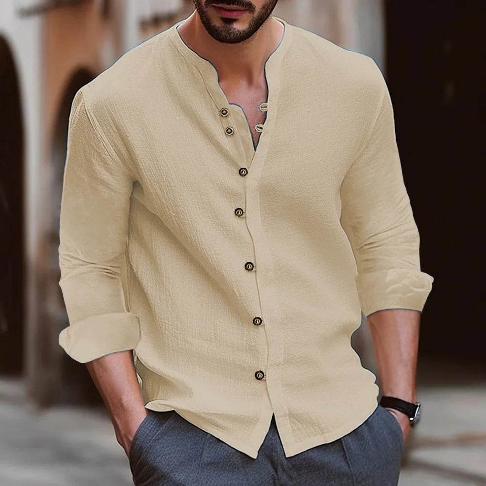 Buy Center Cotton Linen Men's Shirt - Retro Casual Long Sleeve Top - Buy Center UK