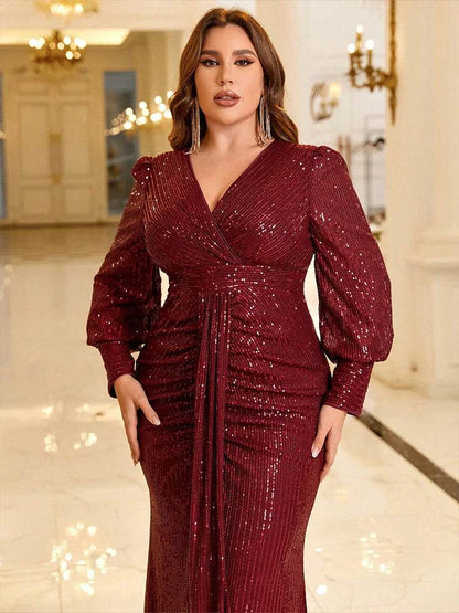 TOLEEN Plus Size Maxi Dress - Elegant V-Neck Sequin Evening Gown - Buy Center UK