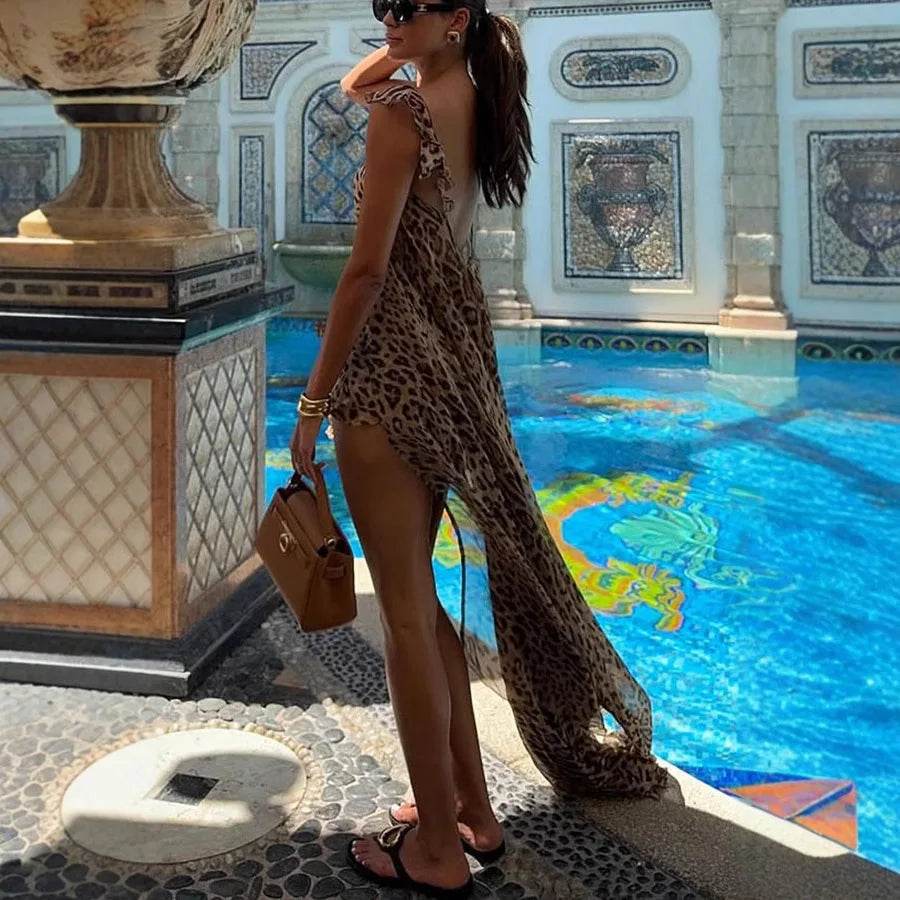 Buy Center Women's Beach Dress Set - Chiffon Halter & Leopard Shorts - Buy Center UK