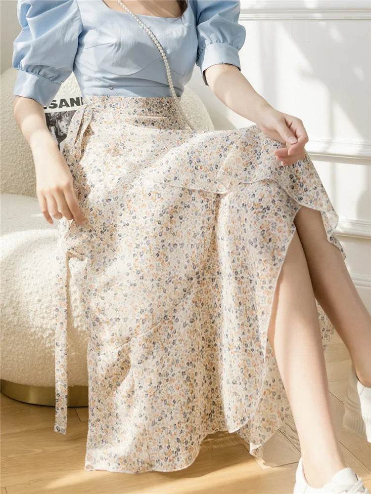 REALEFT Vintage Floral A-line Skirt - High Waist Midi Length - Buy Center UK