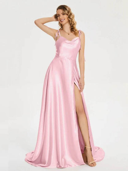 2024 Satin Bridesmaid Dress - Cowl Neck, A-Line, Leg Slit Styles - Buy Center UK