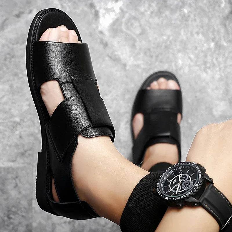 MCDV Men's Genuine Leather Roman Sandals - Casual Slip-On Beach Slippers - Buy Center UK