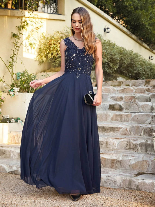 Elegant Chiffon V Neck Prom Dress - Beaded Crystal Sleeveless Gown - Buy Center UK