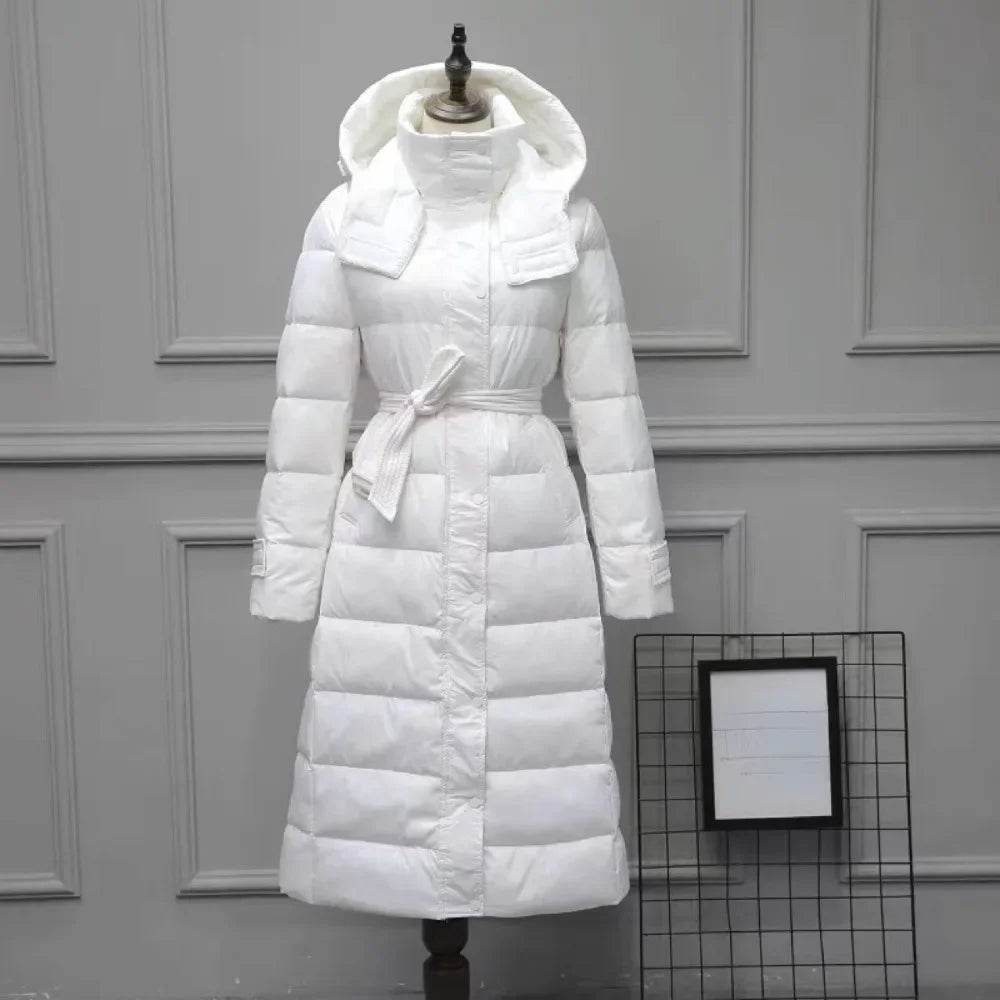 White Duck Down Jacket for Women - Slim Fit, Long Hooded Style - Buy Center UK