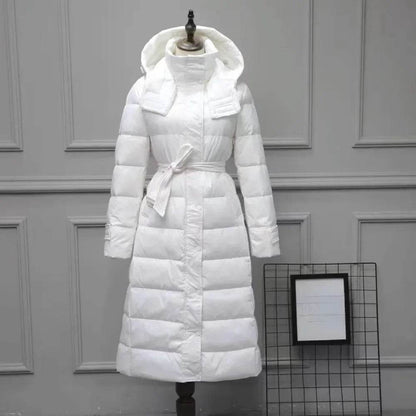 White Duck Down Jacket for Women - Slim Fit, Long Hooded Style - Buy Center UK