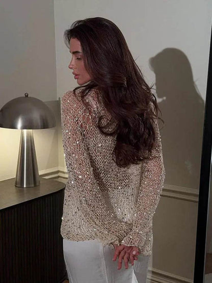 Buy Center See Through Sequined Sweater - Shiny O-neck Beach Top - Buy Center UK