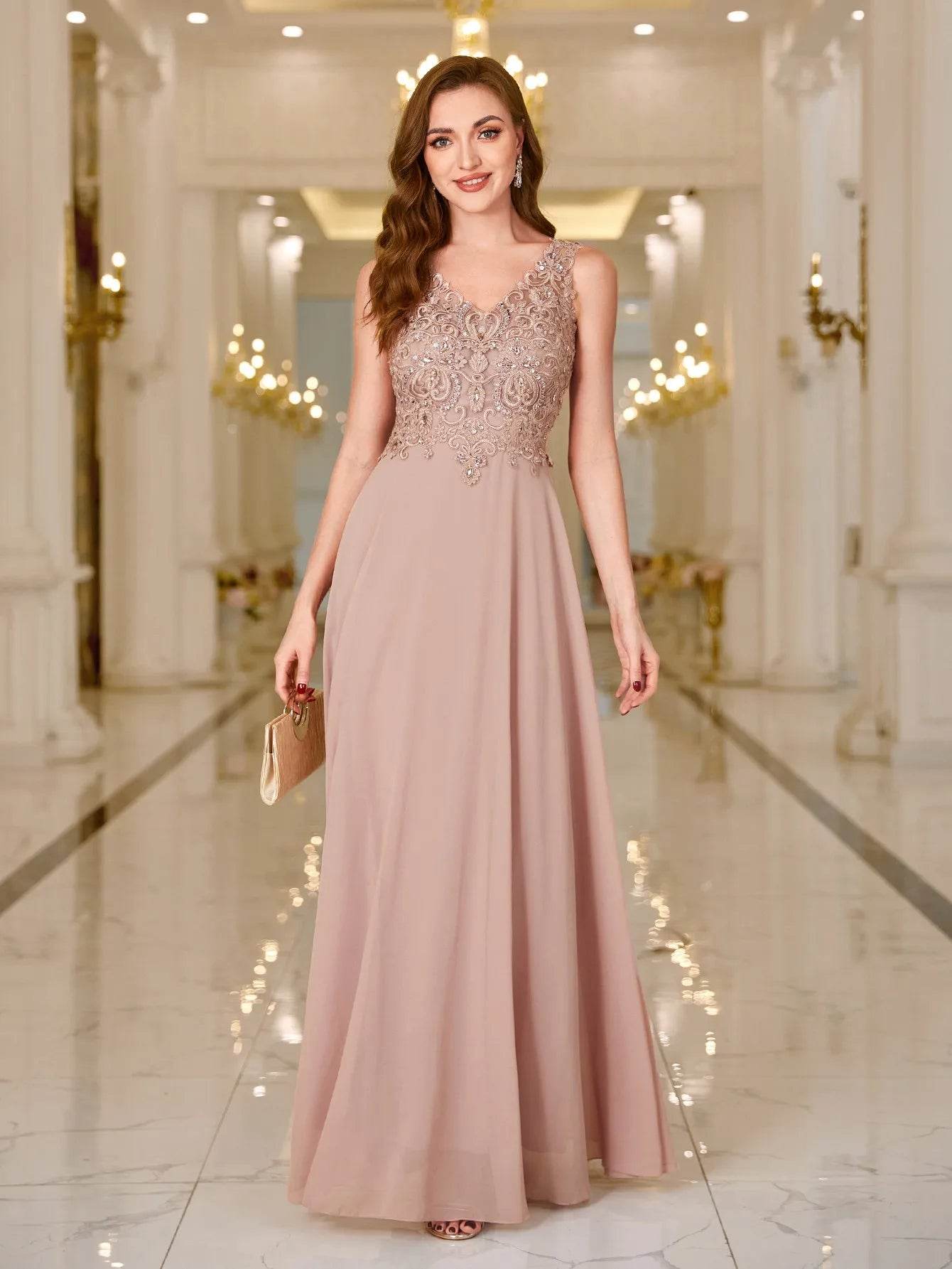 Elegant 3 Colors Evening Dress - V-Neck Lace Beaded Party Gown - Buy Center UK