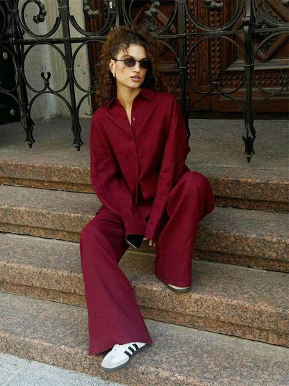 Buy Center Women's Casual Cotton Linen Pant Set - Chic Long Sleeve - Buy Center UK