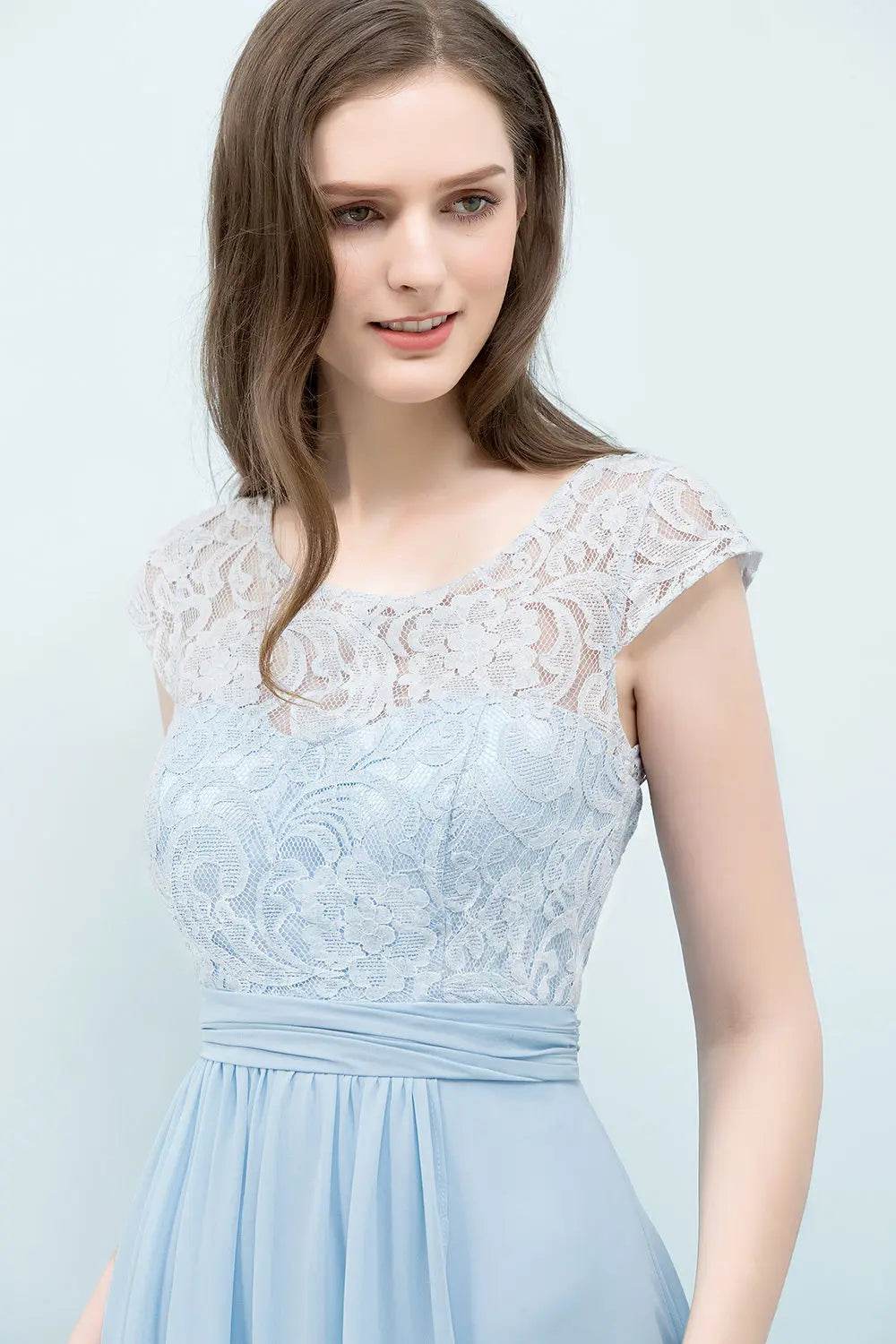 Elegant Light Blue Chiffon Bridesmaid Dress - Cap Sleeve & Lace - Buy Center UK