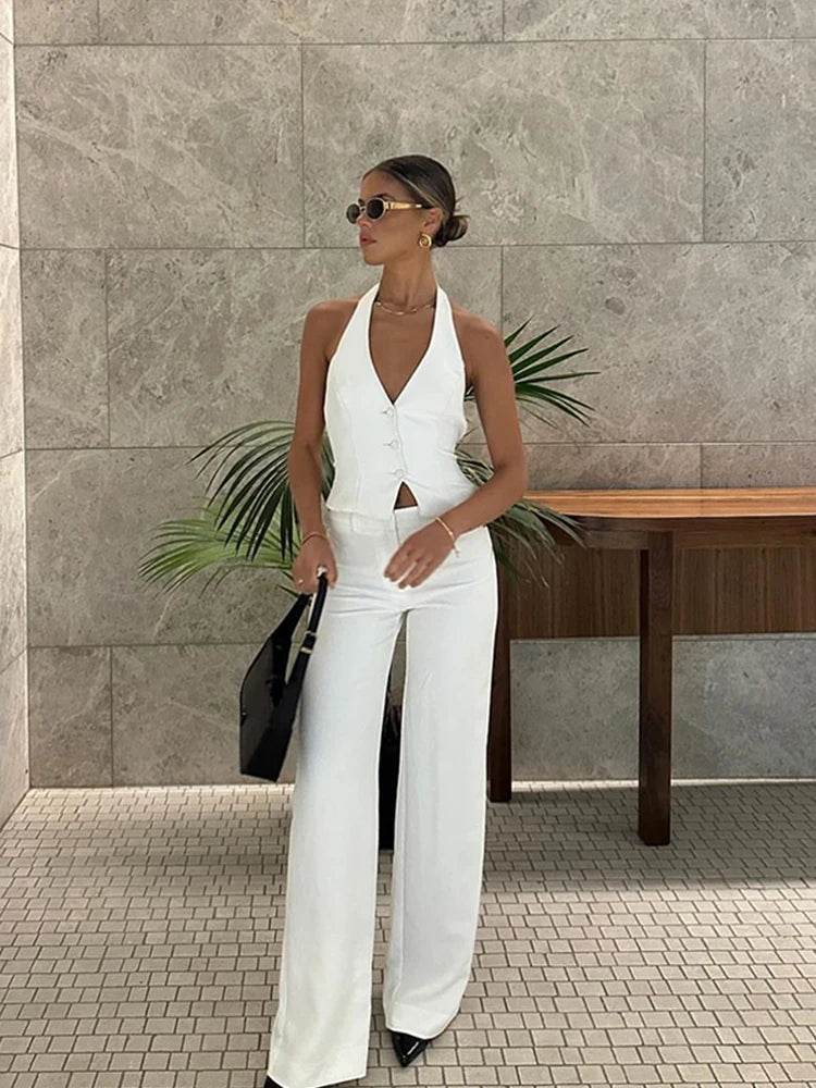 Halter Vest Coat & Wide Leg Pants Set - Chic Backless Outfit for Women - Buy Center UK
