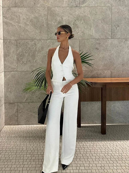 Halter Vest Coat & Wide Leg Pants Set - Chic Backless Outfit for Women - Buy Center UK