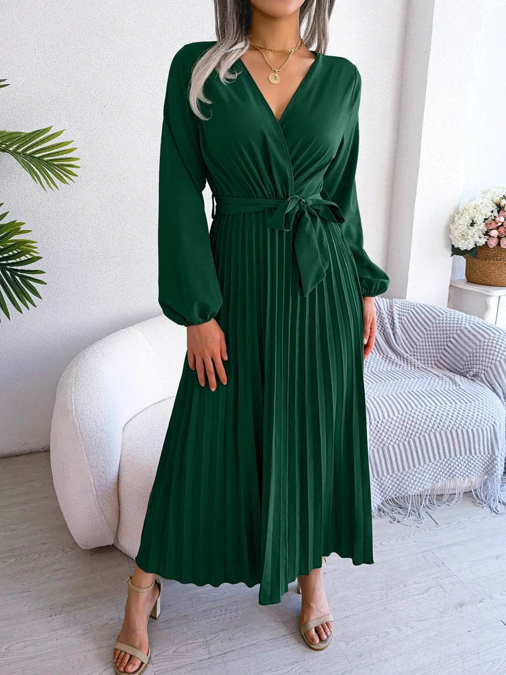 Buy Center Women’s Elegant V Neck Maxi Dress - Long Sleeve & Pleated - Buy Center UK